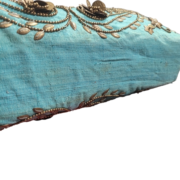 Moyna Beaded Textile Purse Handbag, Teal, Gold Beads - Picture 7 of 12